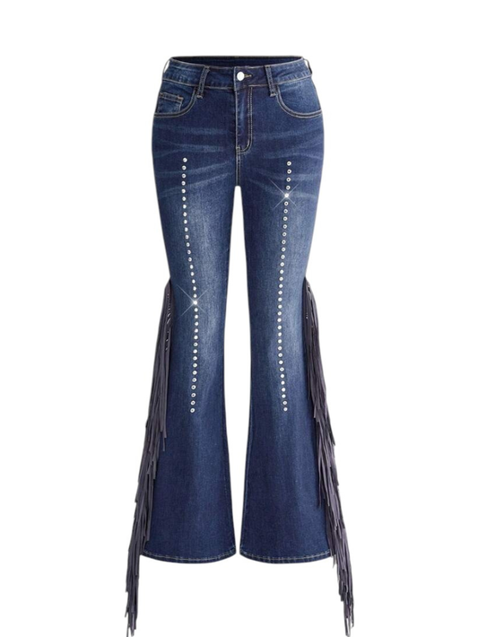 Women's Vintage Wash Side Tassel Rivet Low Rise Denim Jeans