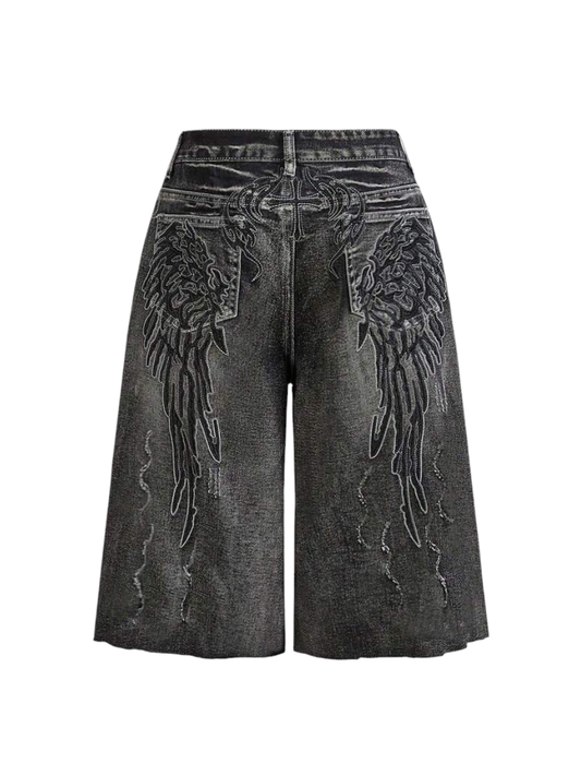 Grey Y2K Wing Print Vintage Wash Super Low Rise Wide Leg Denim Shorts