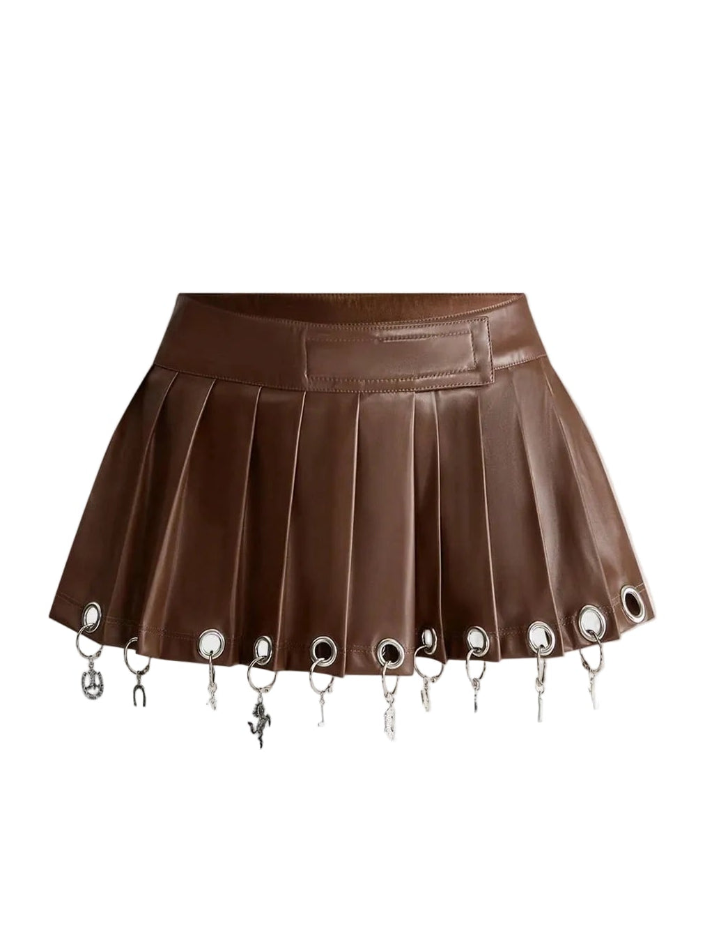 Edgy Chic Brown Charm Ring Leather Pleated Mini Skirt