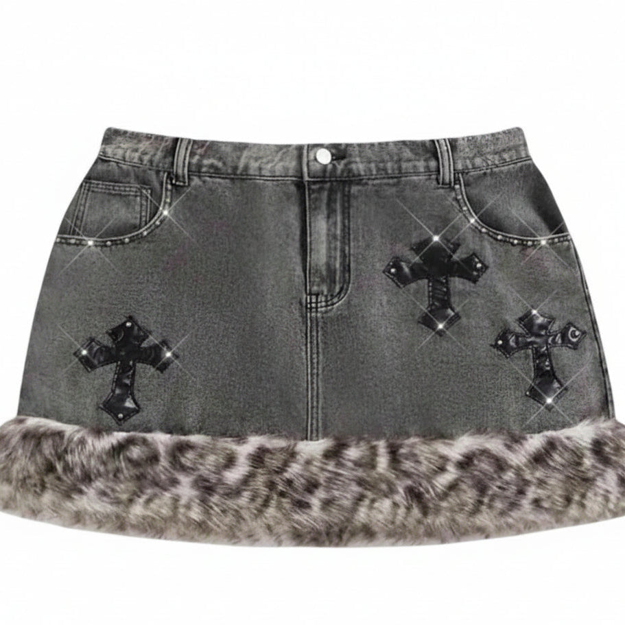 Women's Leopard Furry Grey Black Studded Cross Skirt