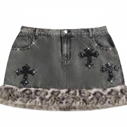 Women's Leopard Furry Grey Black Studded Cross Skirt