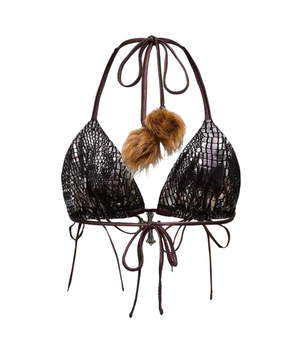 2PCS Leather Lace-Up Bikini Top Shorts Sets