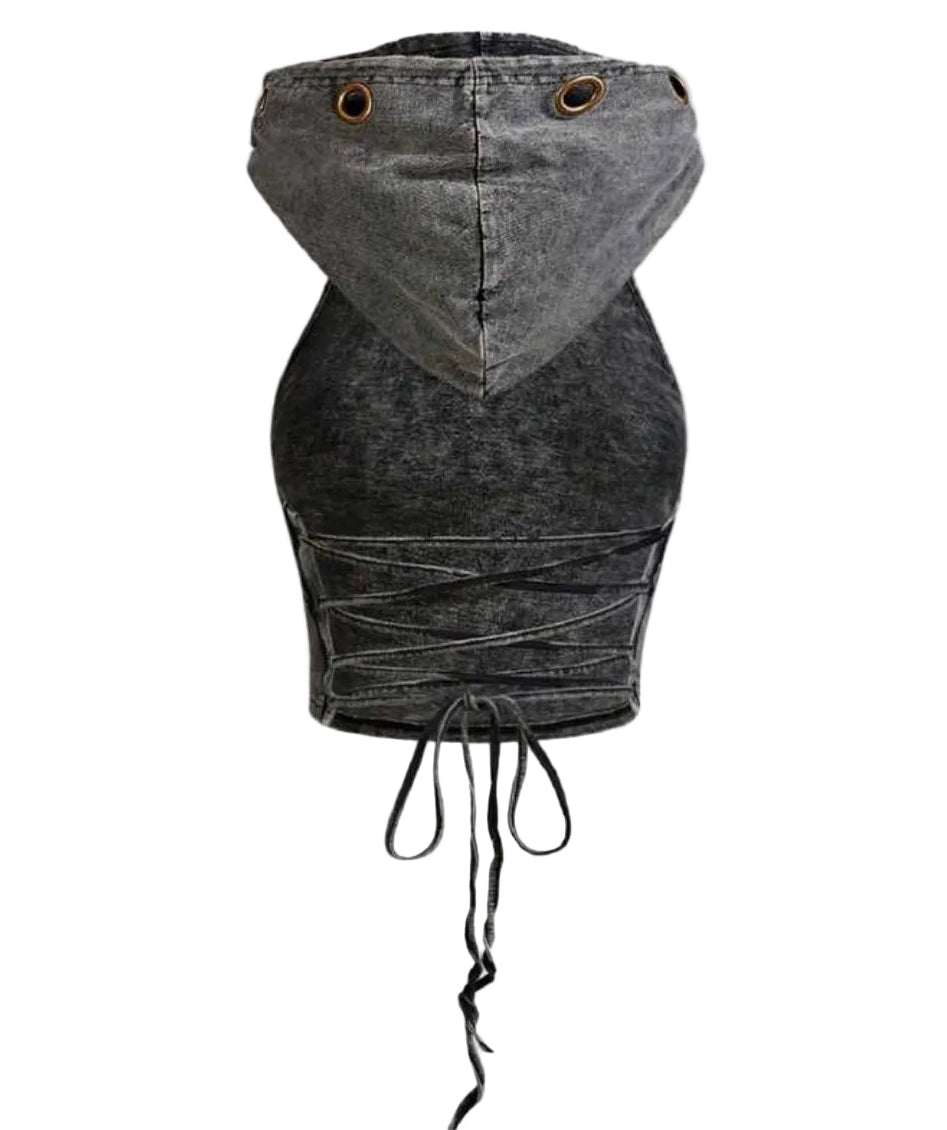 Distressed Denim Drawstring Hoodie Top