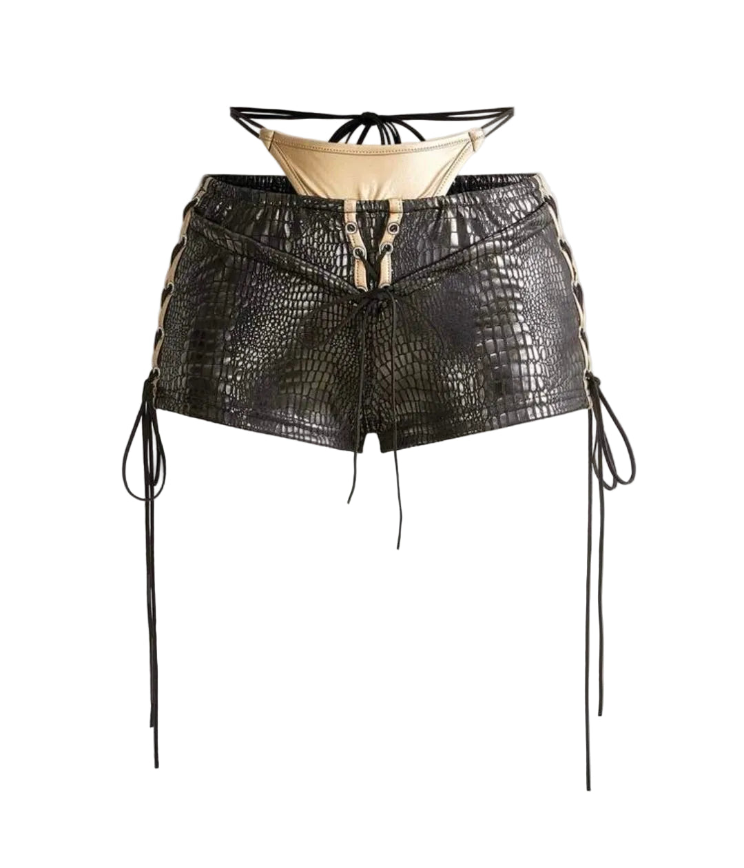 2PCS Leather Lace-Up Bikini Top Shorts Sets
