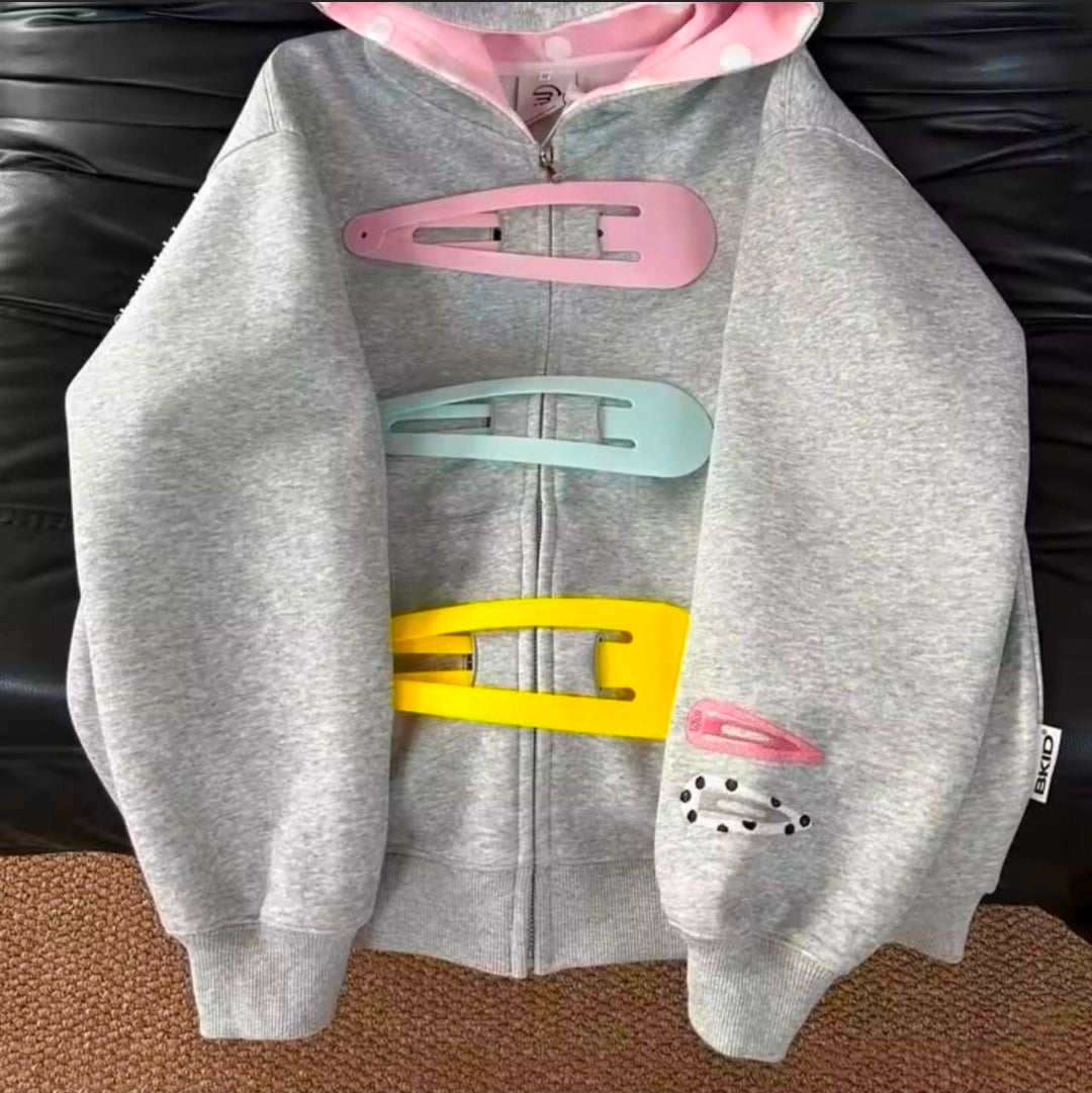 Polka Dot Hooded Detachable Hairpin Zipper Hoodie