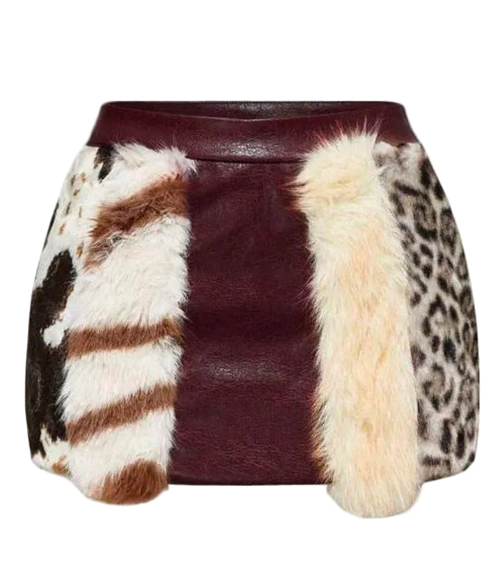 Leather Animal Fur Patchwork Mini Skirt