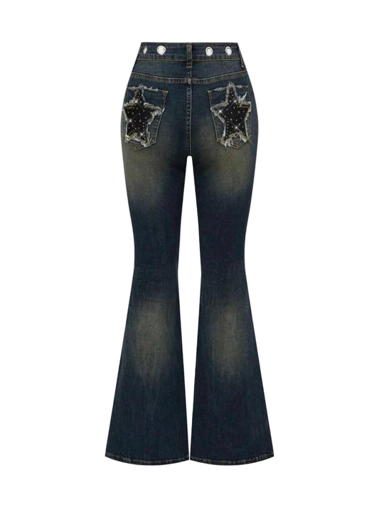 Denim Star Eyelet Rivet Embellished Flare Jeans