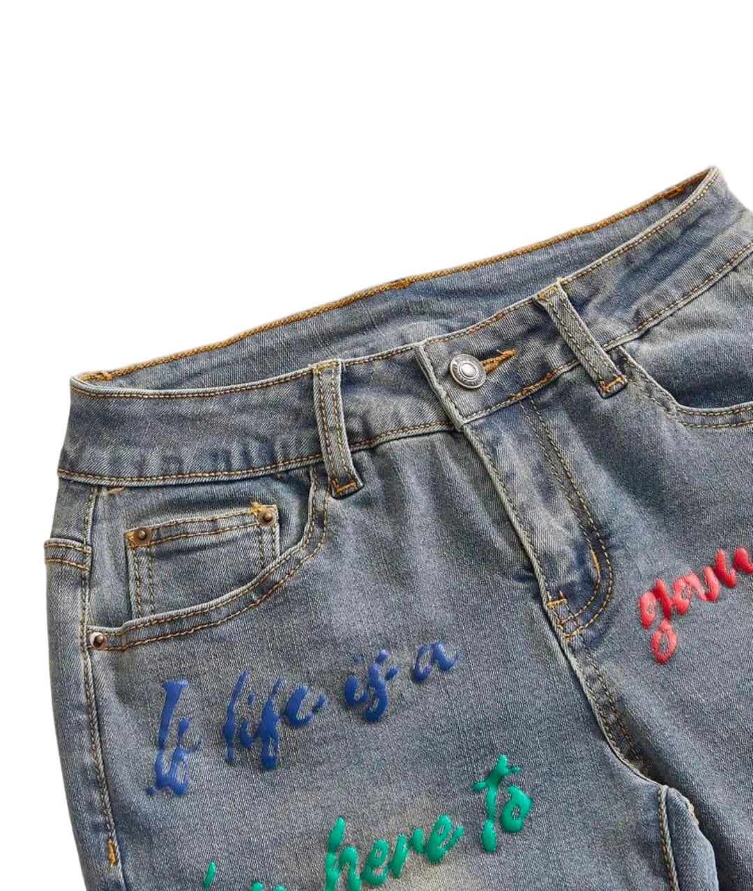 Denim Colorful Letter Embroidery Skinny Capri Jeans