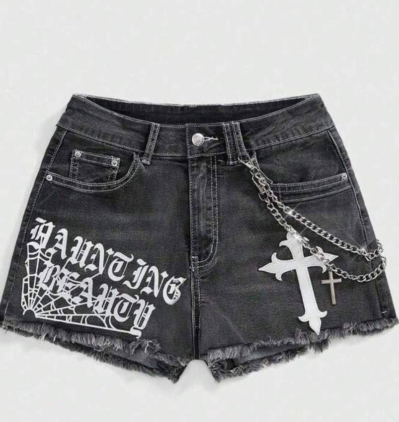 Denim Graphic Graffiti Chain Shorts