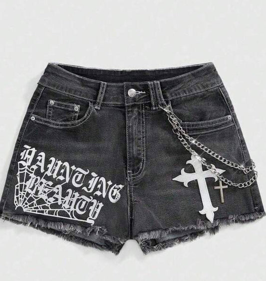 Denim Graphic Graffiti Chain Shorts