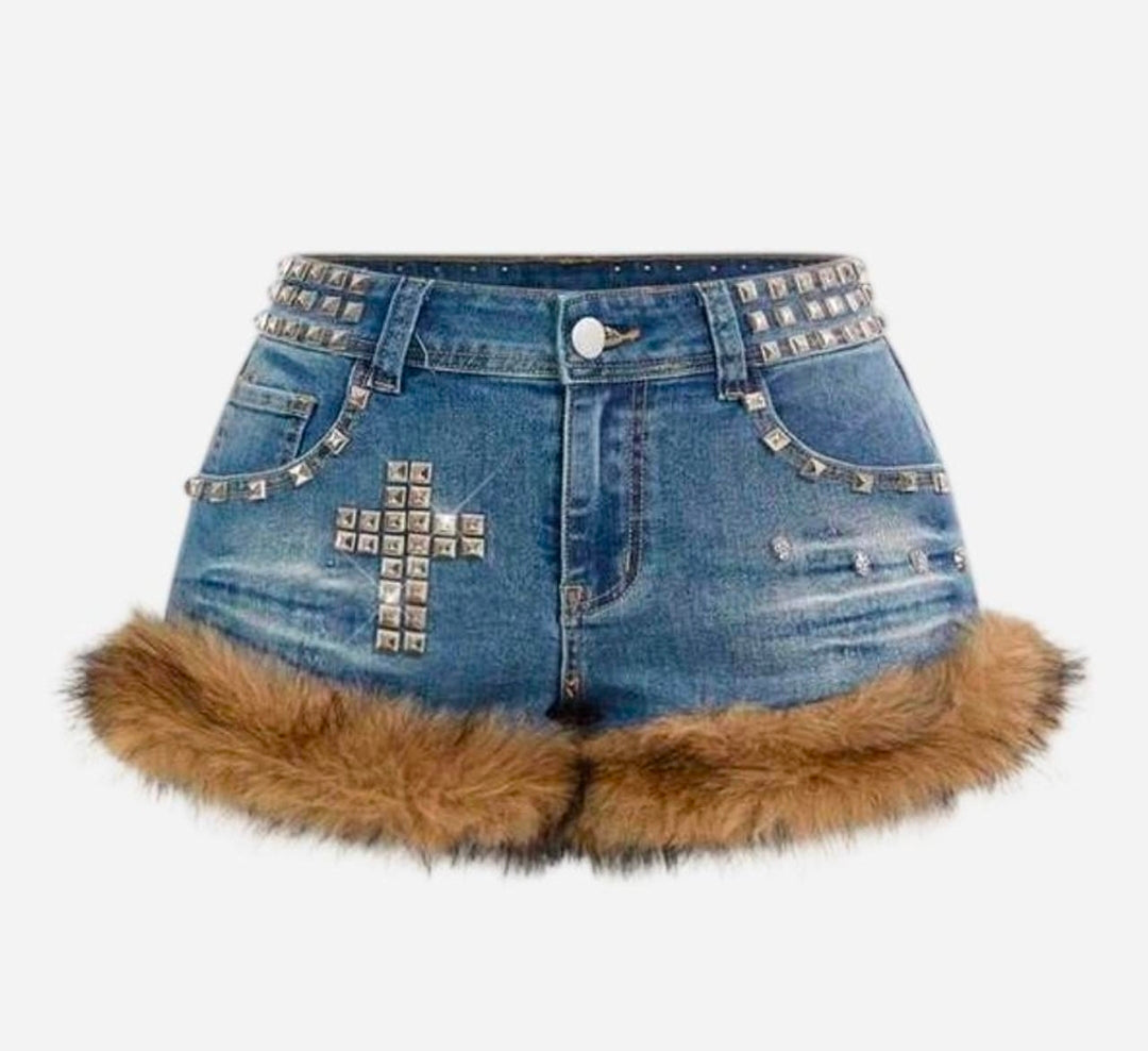 Denim Low Waist Studded Patchwork Shorts