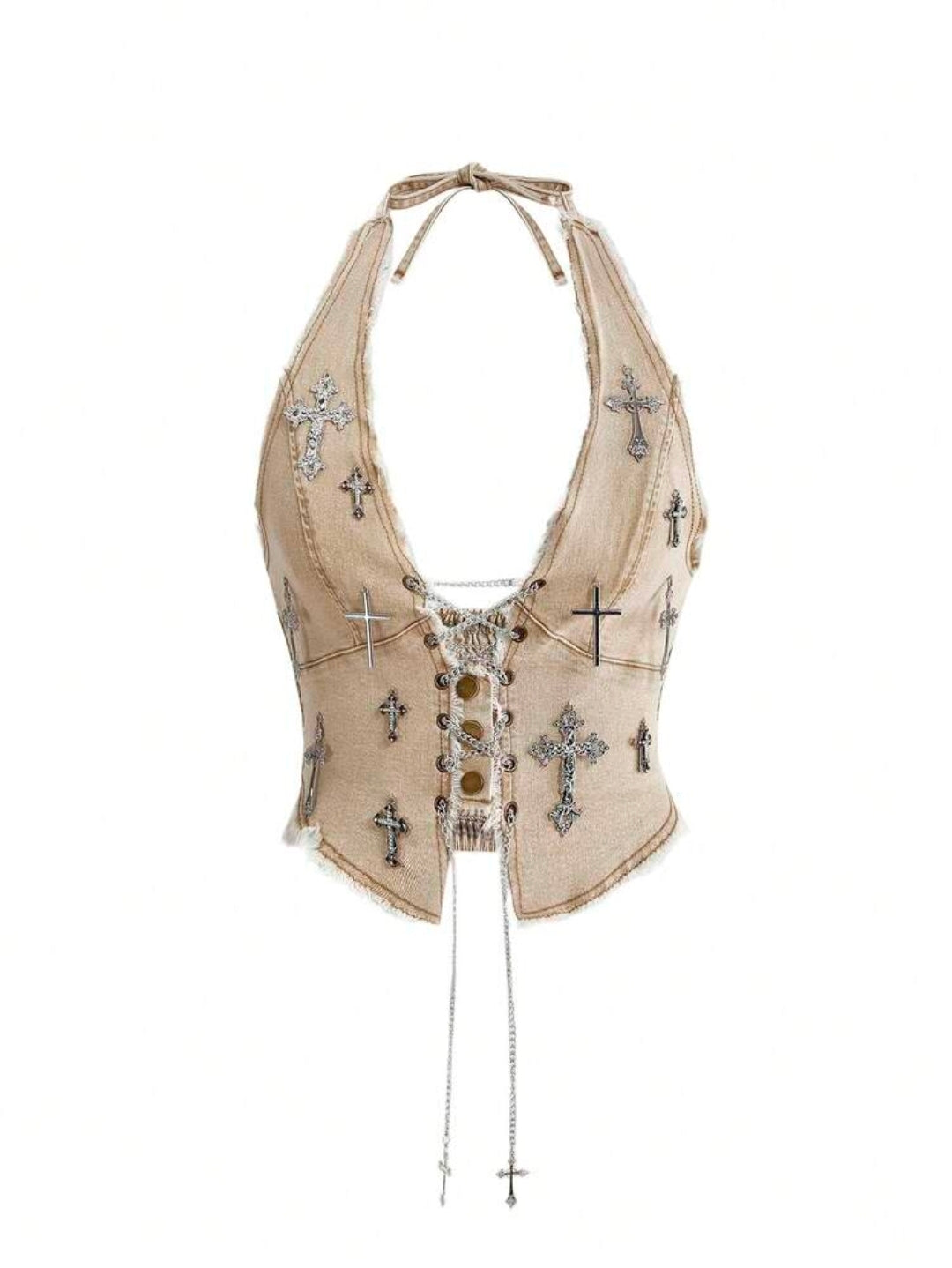 Denim Silver Chain Silver Cross  Halter Top