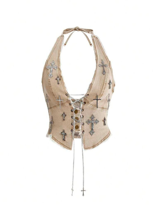 Denim Silver Chain Silver Cross  Halter Top