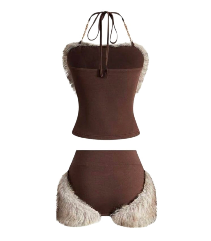 2PCS Brown Fur Patchwork Chain Halter Mini Skirt Set