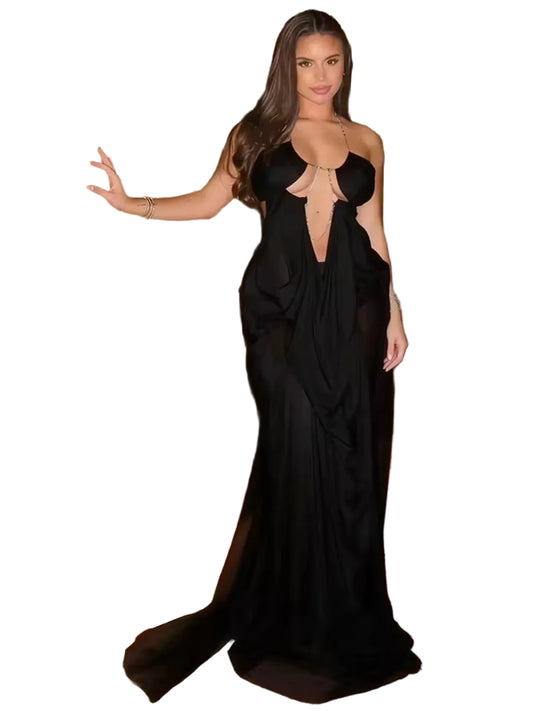 Black Chain Sheer Mesh Maxi Dress