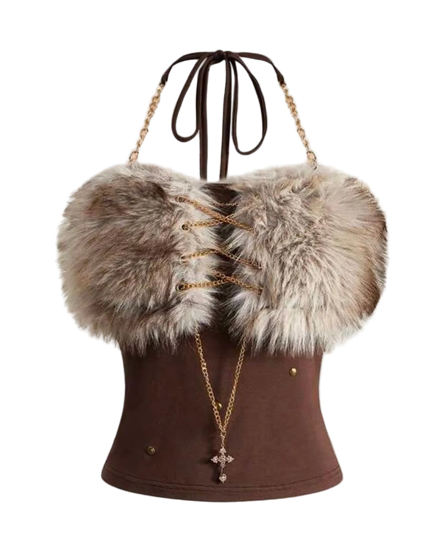 2PCS Brown Fur Patchwork Chain Halter Mini Skirt Set