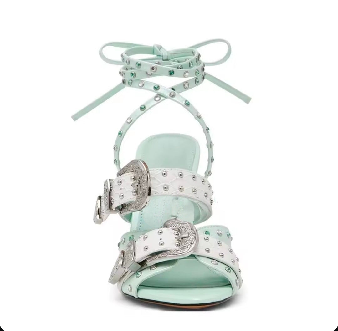 Denim Buckle Strap Studded Sandal High Heels
