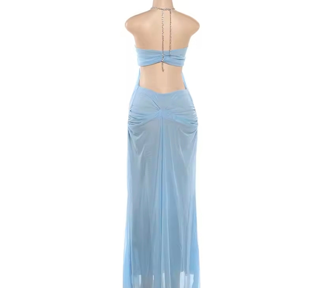 Women's Blue Sheer Mesh Long Dress