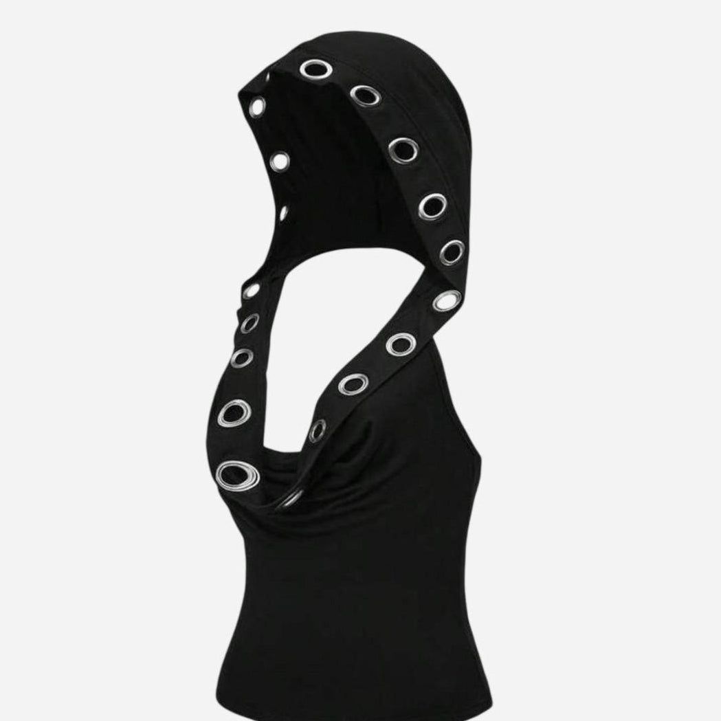 Black Eyelet Metal Hooded Tank Top