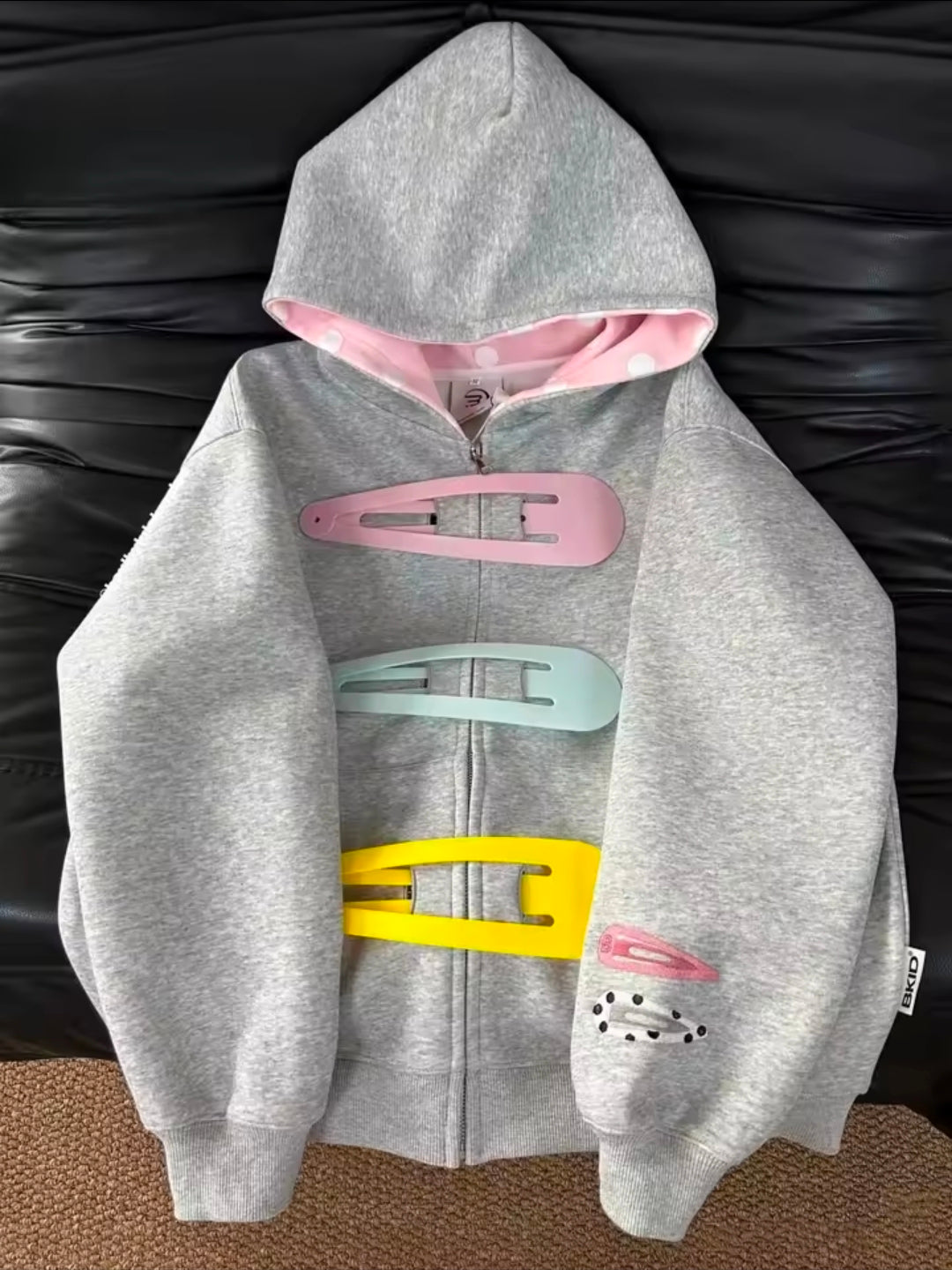 Polka Dot Hooded Detachable Hairpin Zipper Hoodie