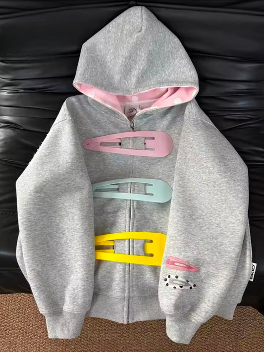 Polka Dot Hooded Detachable Hairpin Zipper Hoodie