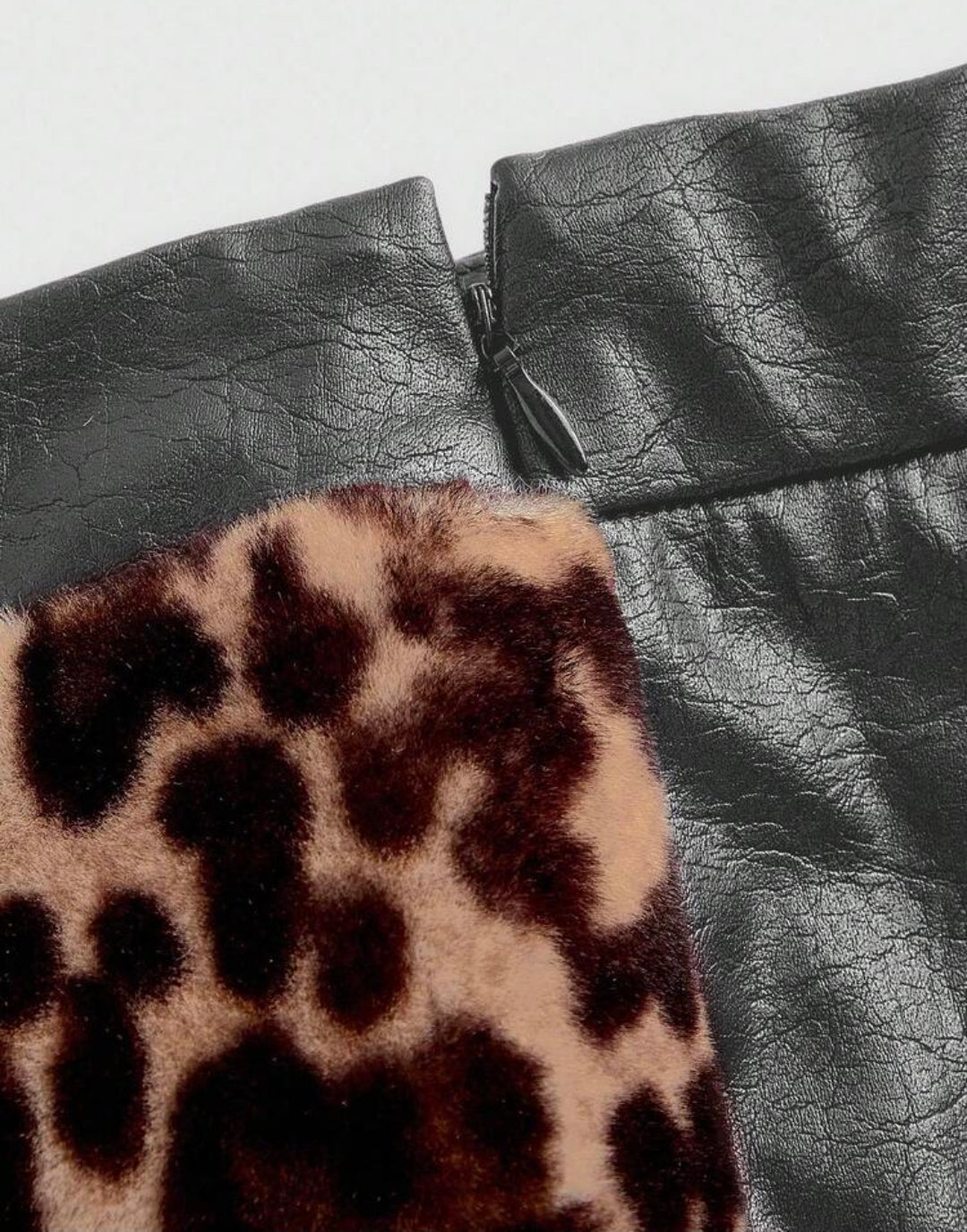 Leather Animal Fur Patchwork Mini Skirt