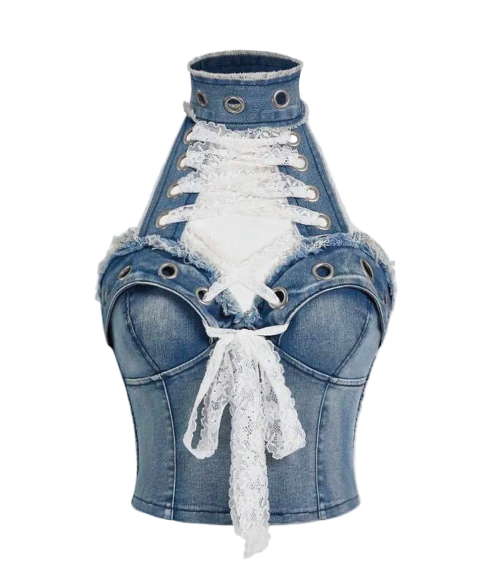 Denim Lace-Up Rivet Halter Top