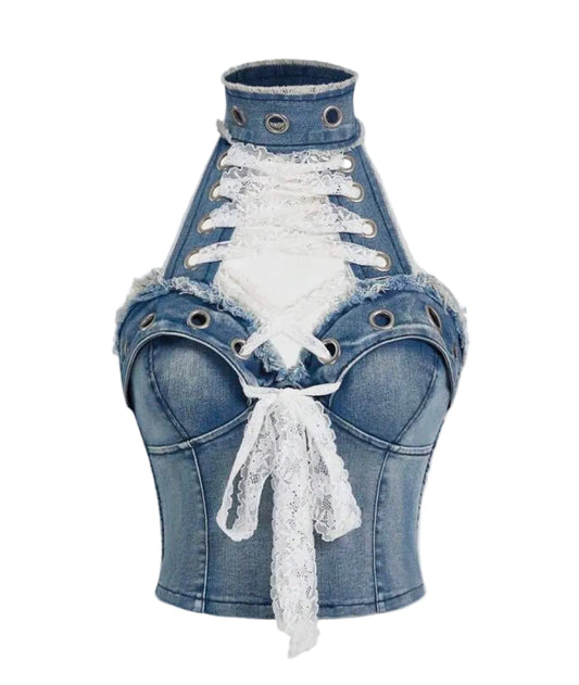 Denim Lace-Up Rivet Halter Top