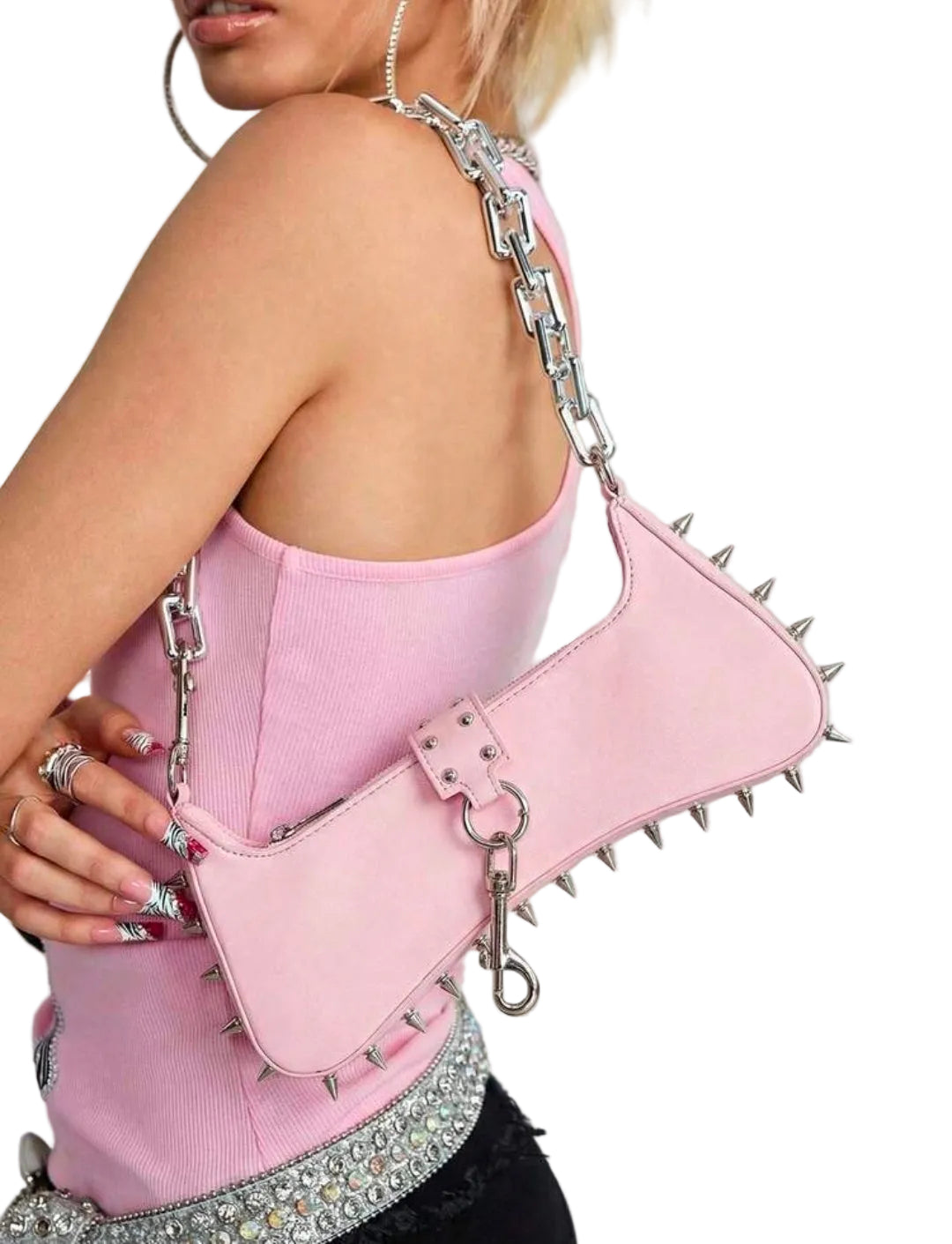 Pink Studded Silver Chain Strap Handbag