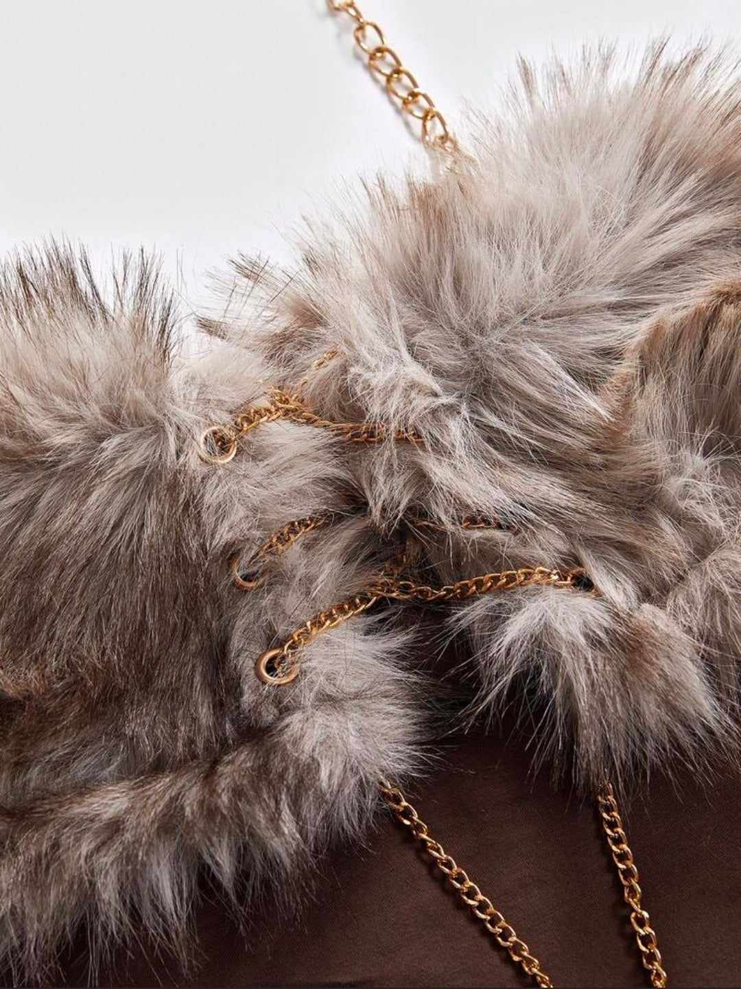 2PCS Brown Fur Patchwork Chain Halter Mini Skirt Set