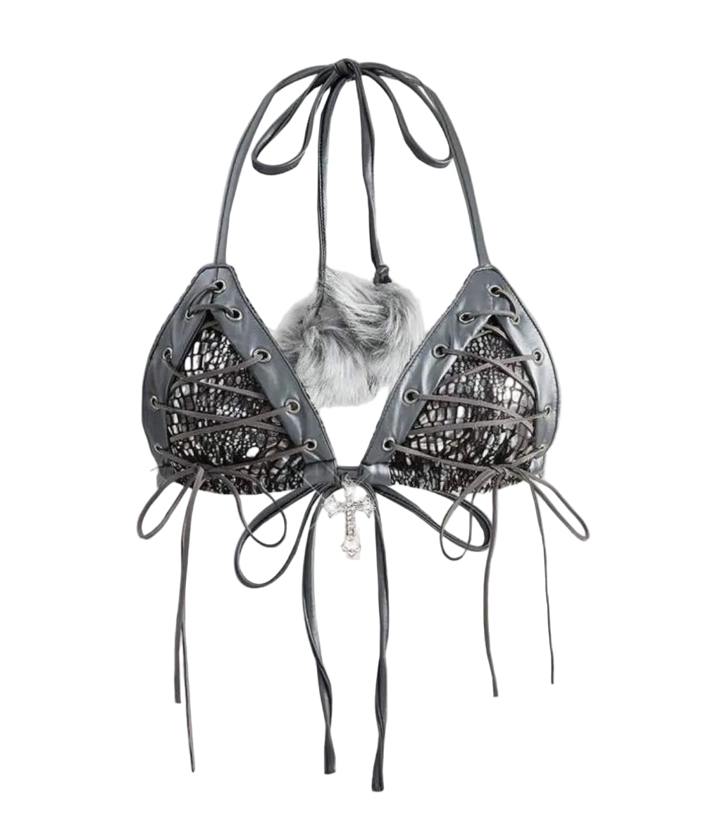2PCS Leather Lace-Up Bikini Top Shorts Sets
