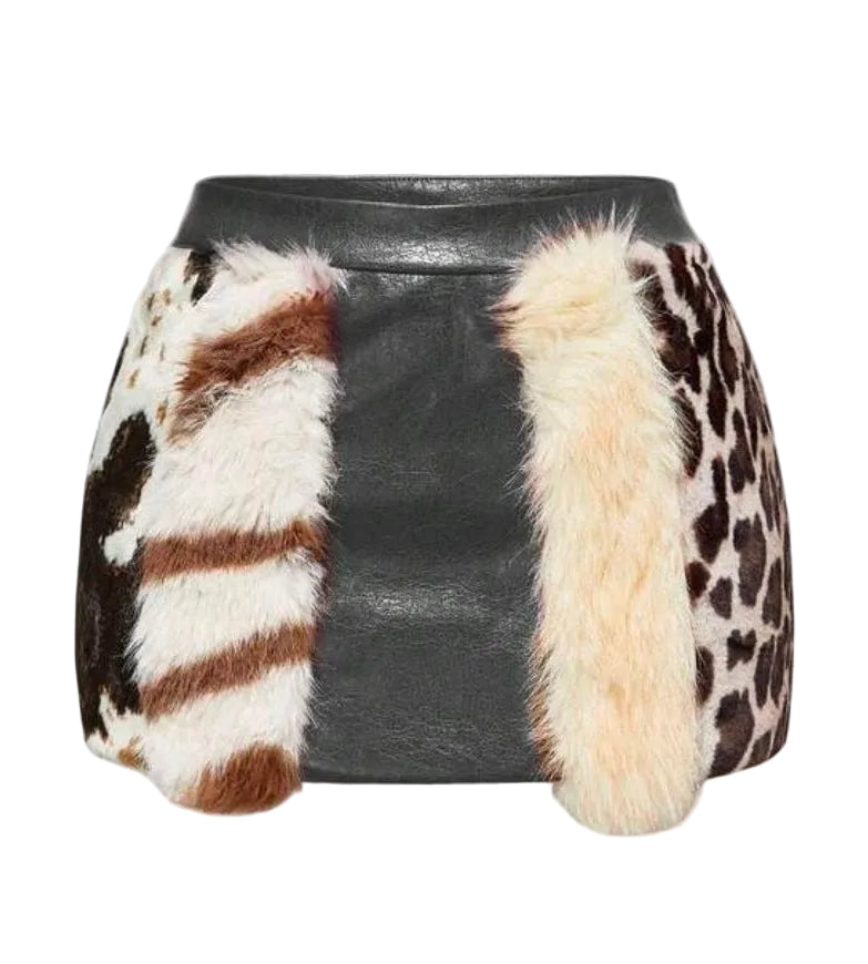 Leather Animal Fur Patchwork Mini Skirt