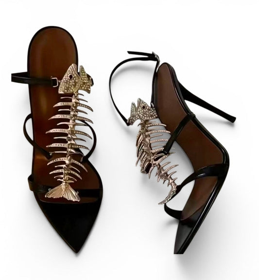 Rhinestone Fish Bone Round Toe Buckle Strap High Heels