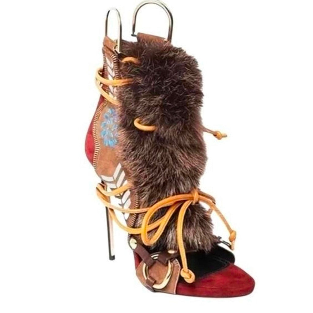 Fur Peep Toe Cross Tied Ankle High Heels