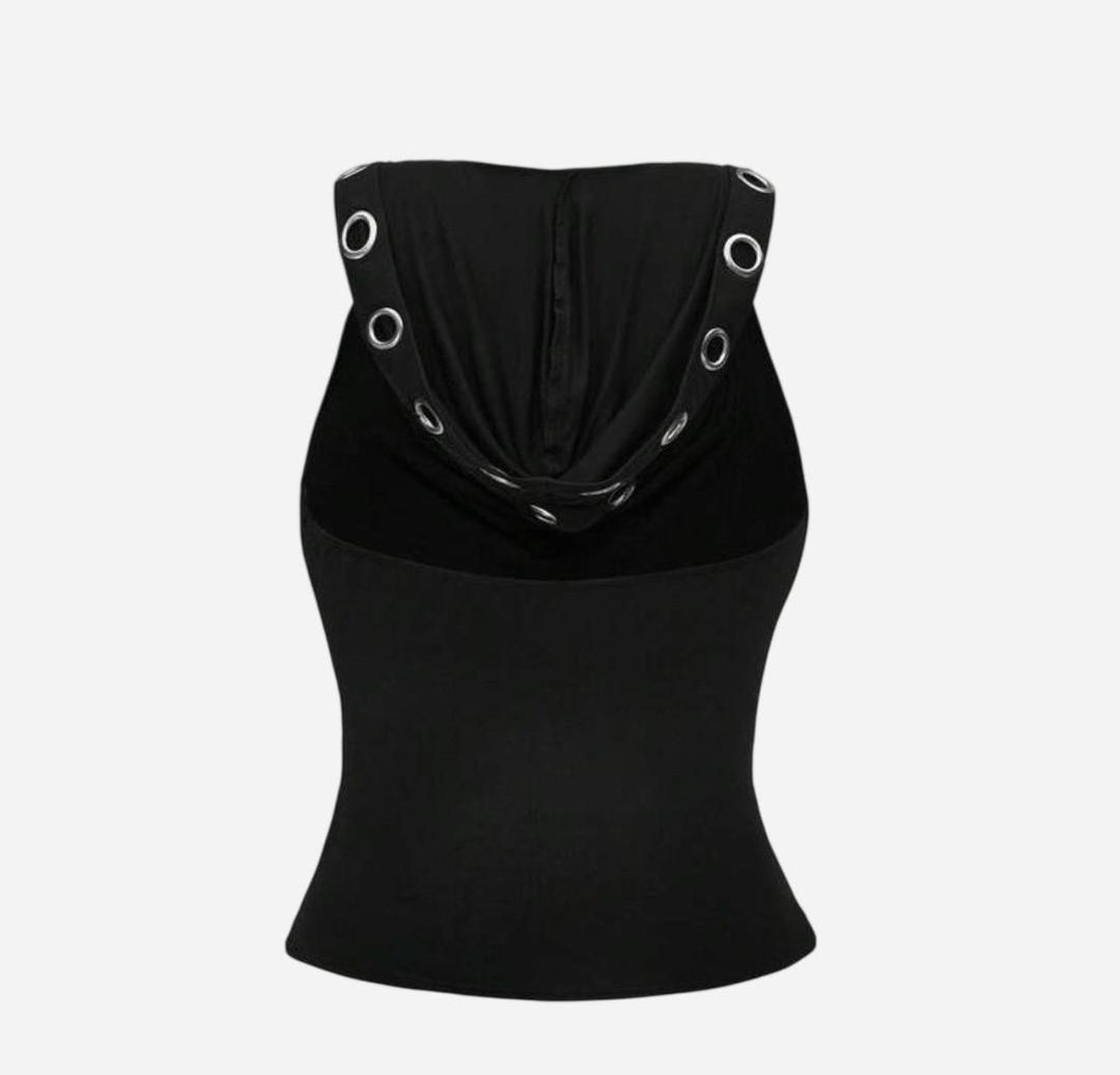 Black Eyelet Metal Hooded Tank Top