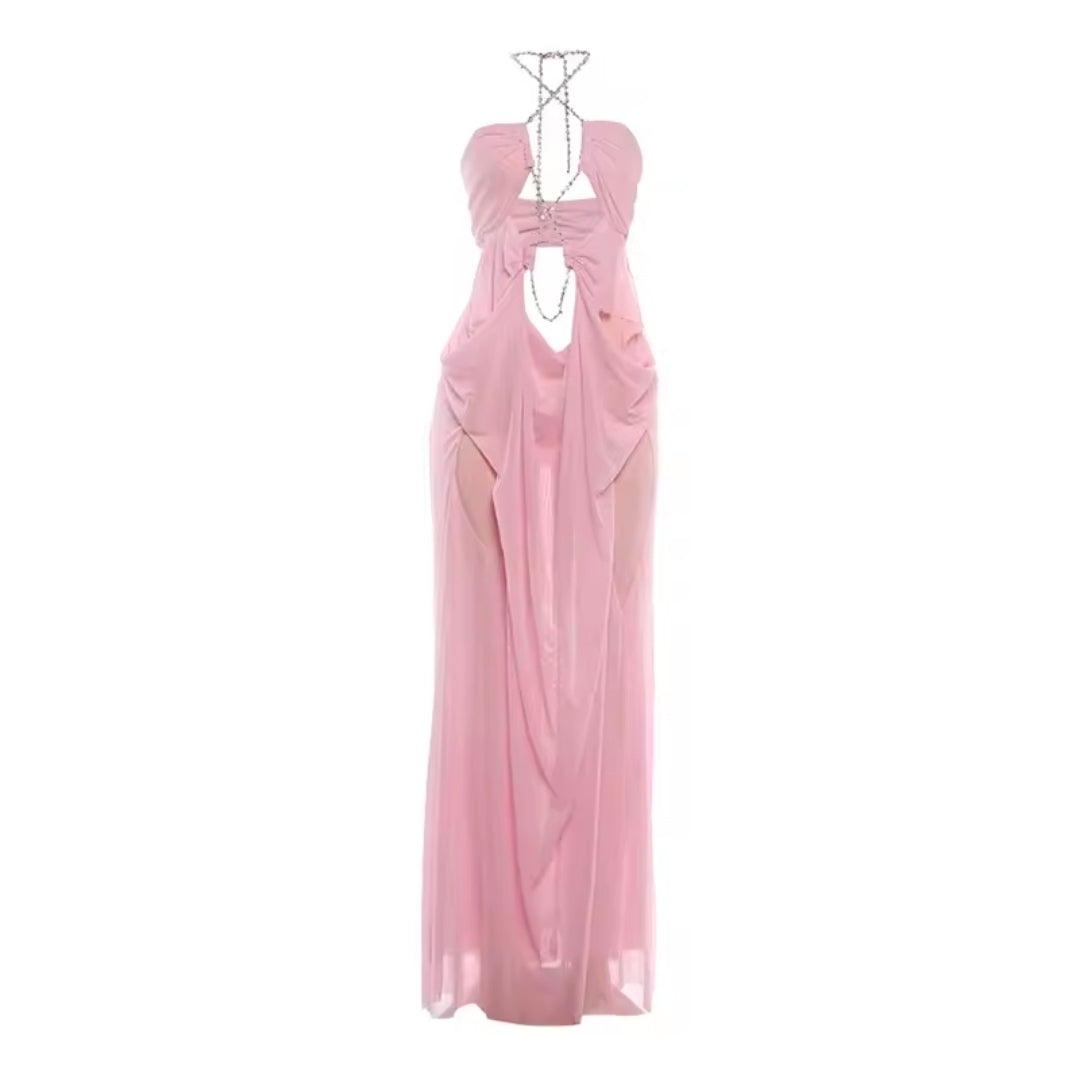 Women's Pink Sheer Mesh Long Dress