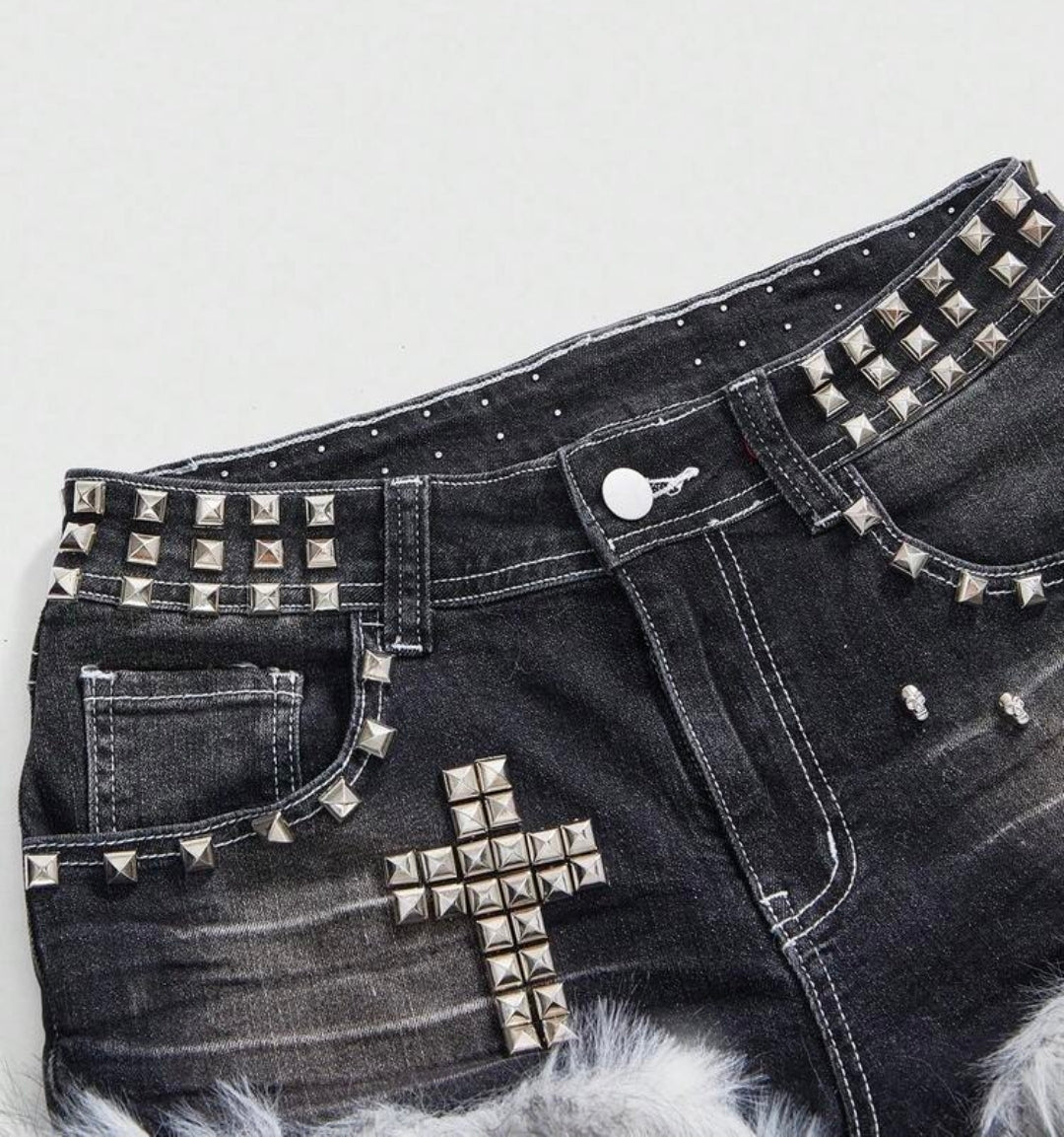 Denim Low Waist Studded Patchwork Shorts