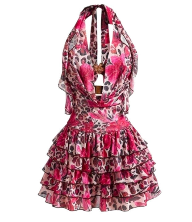 Leopard Floral Ruffle Halter Layered Dress