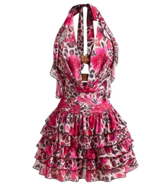 Leopard Floral Ruffle Halter Layered Dress
