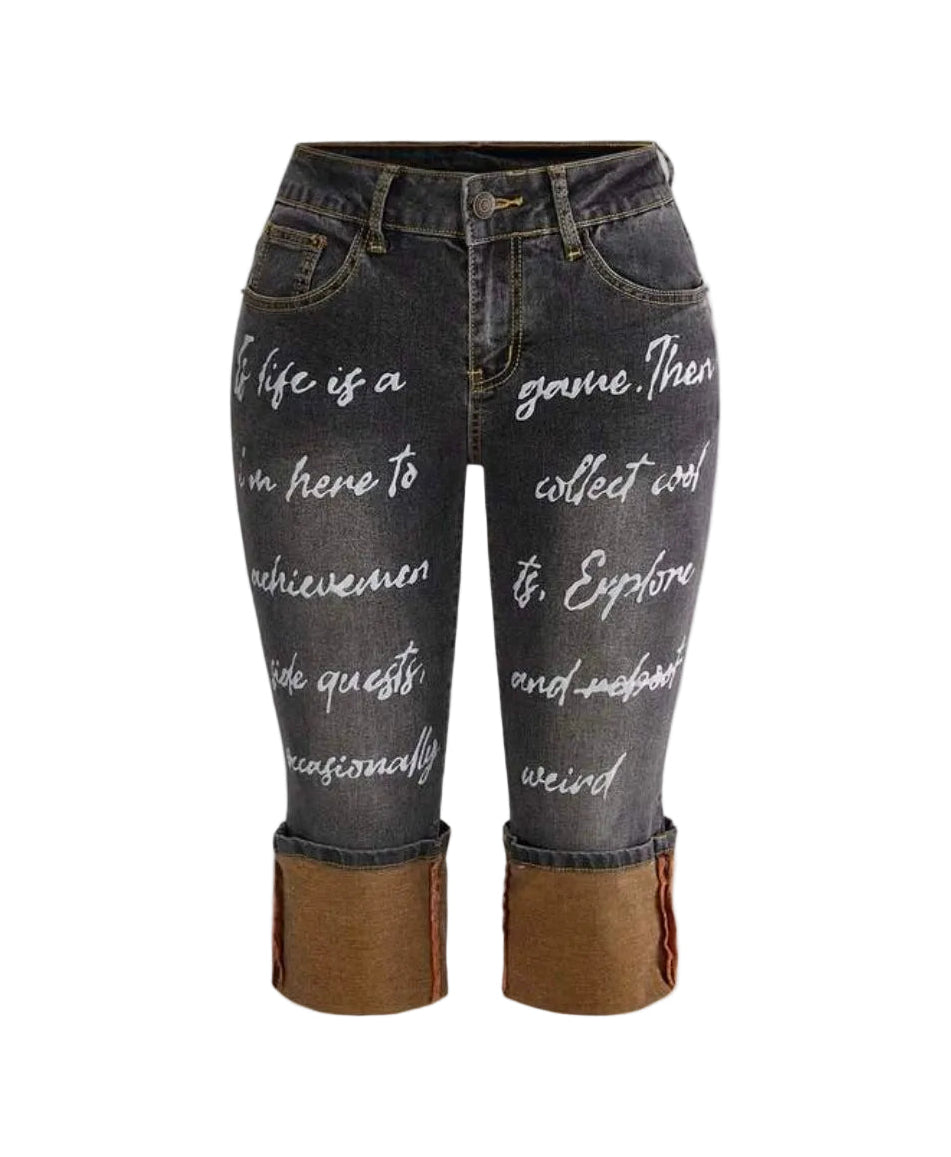 Denim Colorful Letter Embroidery Skinny Capri Jeans