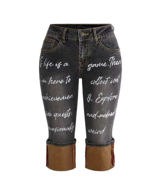 Denim Colorful Letter Embroidery Skinny Capri Jeans