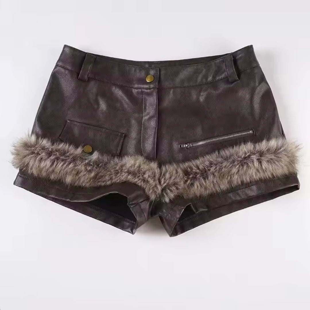Y2K Leather Fur Patchwork Low Rise Shorts
