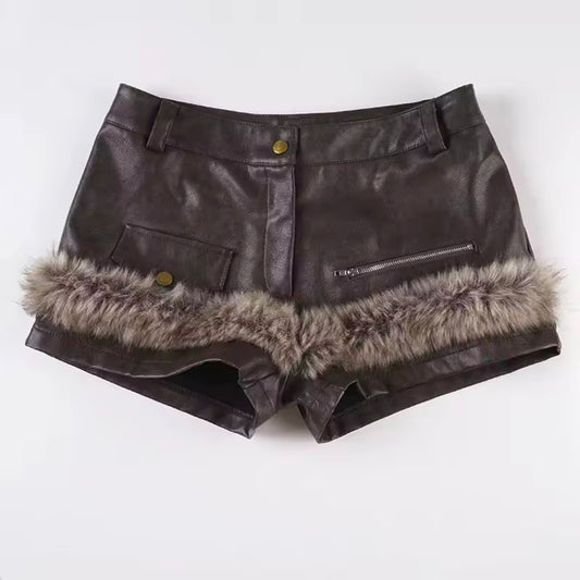 Y2K Leather Fur Patchwork Low Rise Shorts
