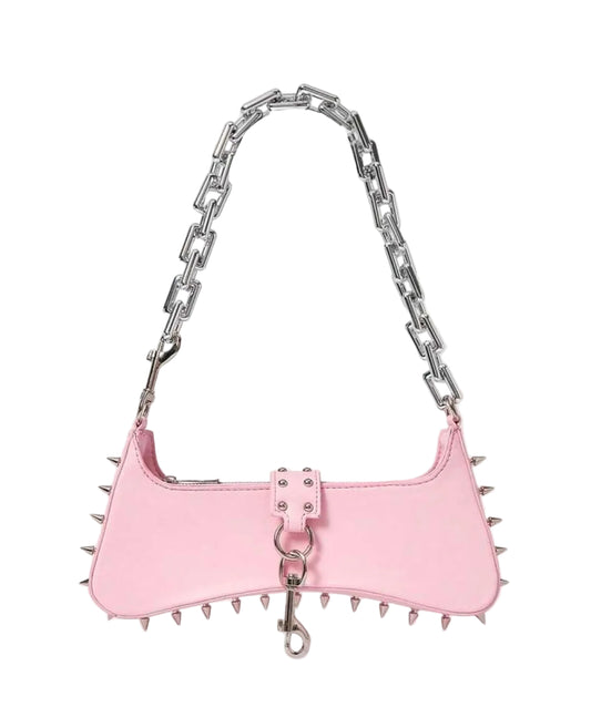 Pink Studded Silver Chain Strap Handbag