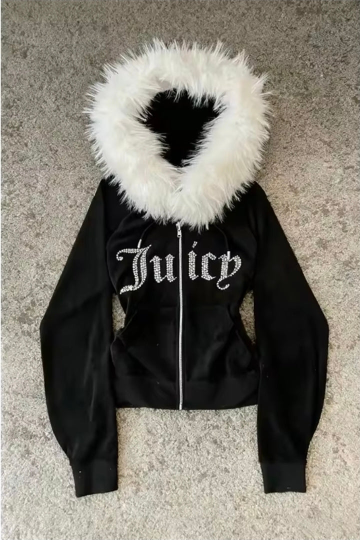 Y2K Fur Collar Zipper Sweater Hoodie