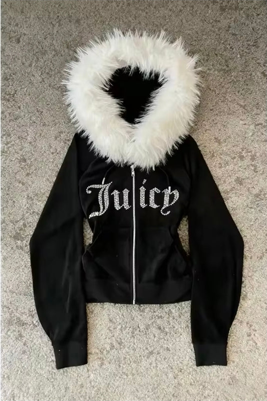 Y2K Fur Collar Zipper Sweater Hoodie