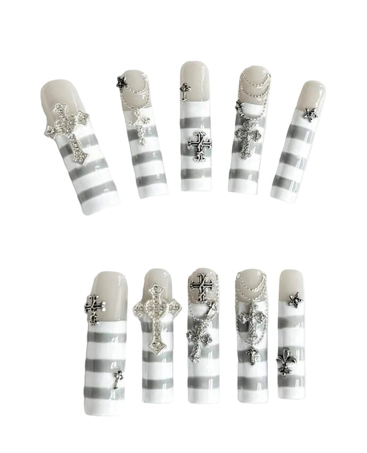 20pcs Silver Cross Stripe Press-On Nails | Luxury Glam Coffin Nail Set