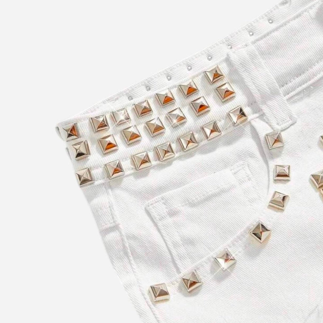 Denim Low Waist Studded Patchwork Shorts