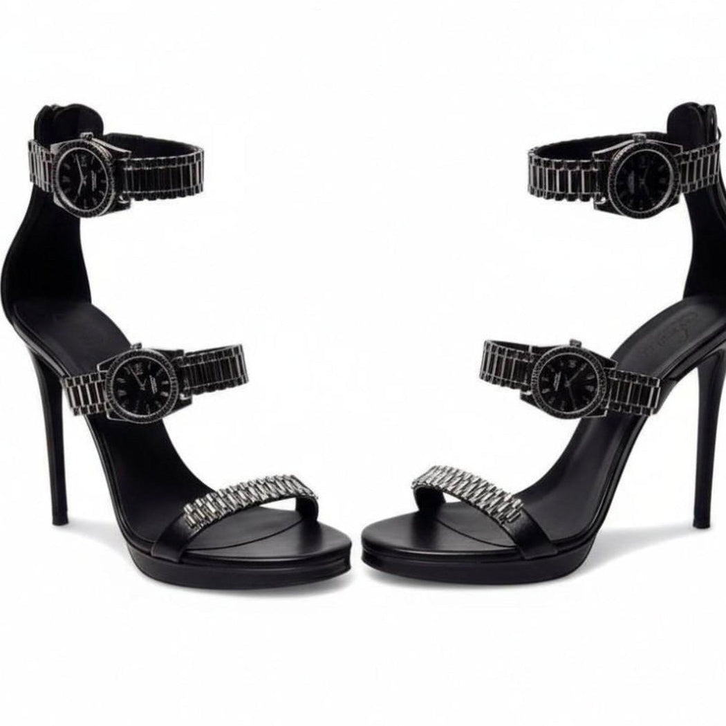 Silver Watch Embellished Strap Open Toe High Heels