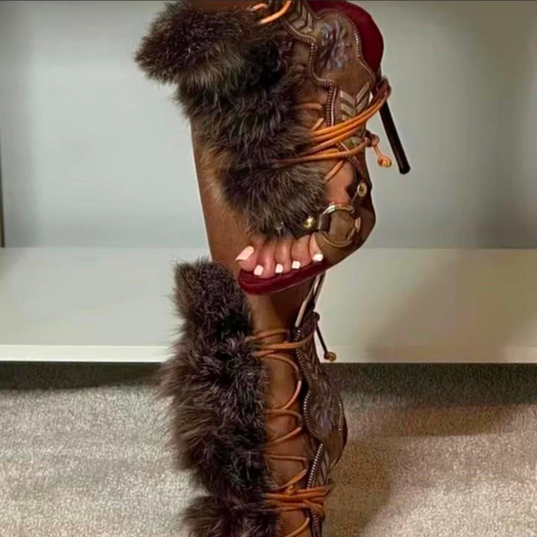 Fur Peep Toe Cross Tied Ankle High Heels